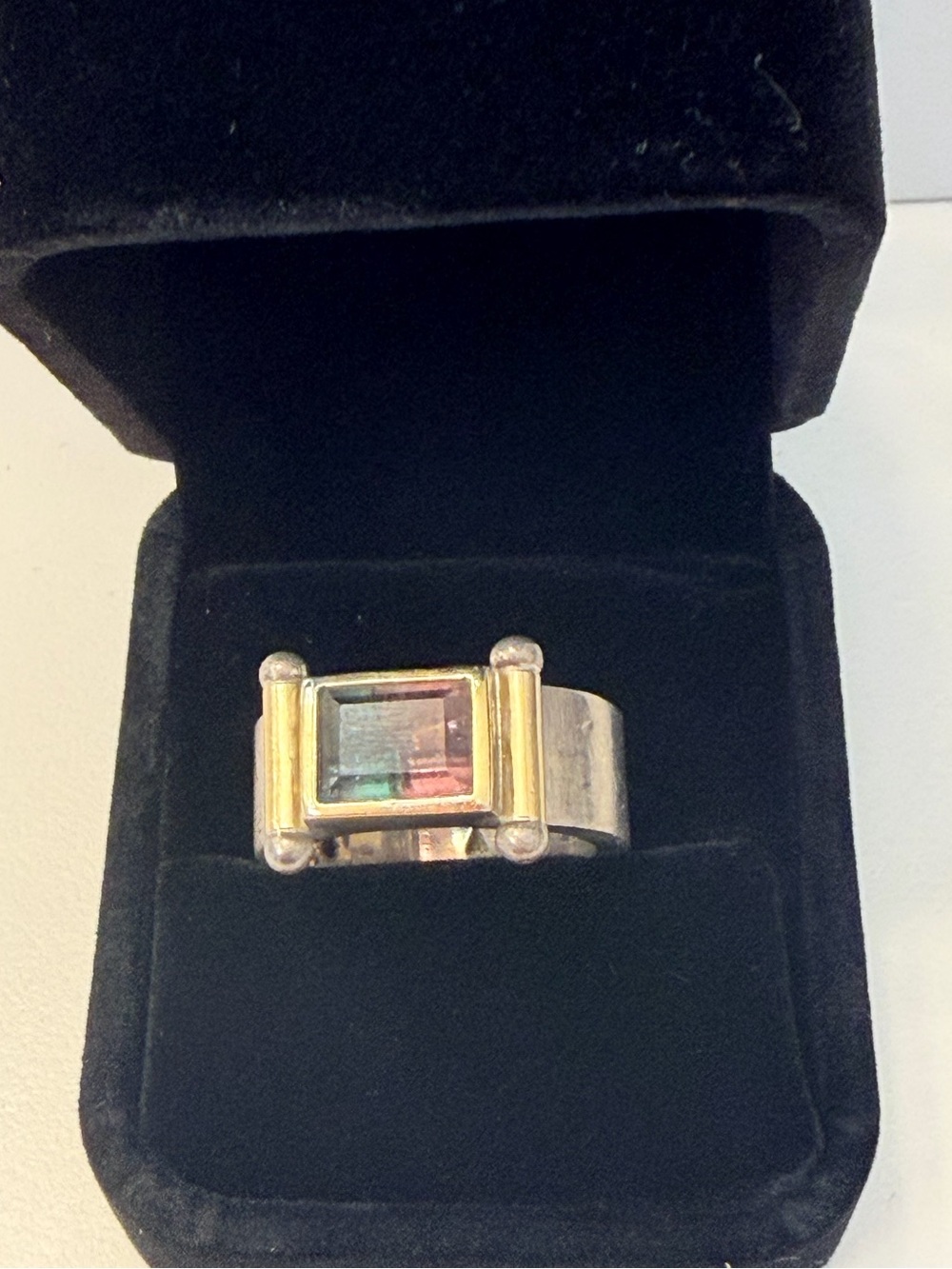 Silver-Tone Iridescent Rectangular Stone Wide Band Statement Ring Size 8–8.5